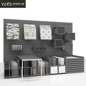 wood and tile floor combination display cabinet