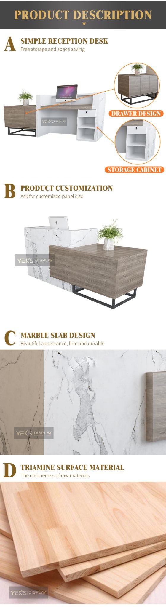 White reception desk with wooden cabinets