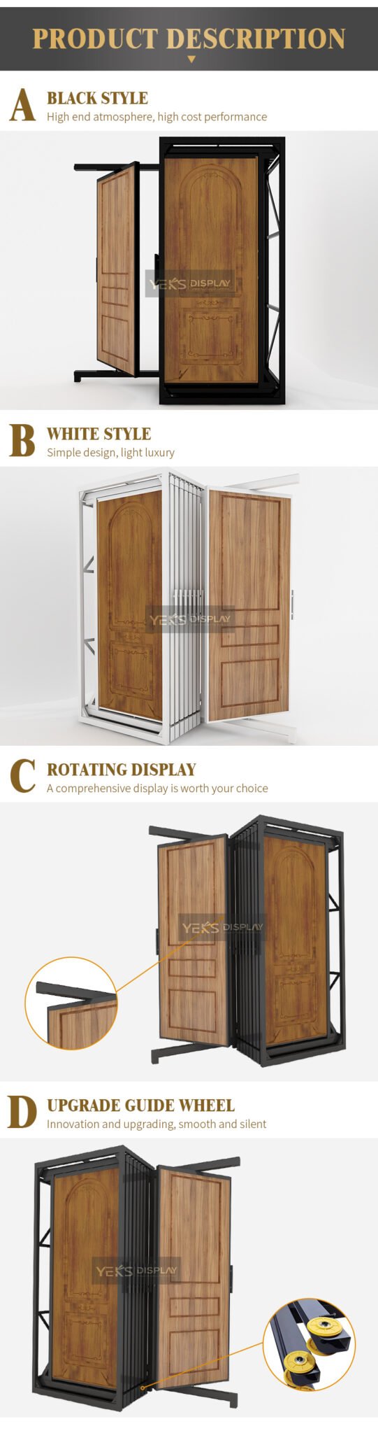 Wooden door sample pull out rotating display stands