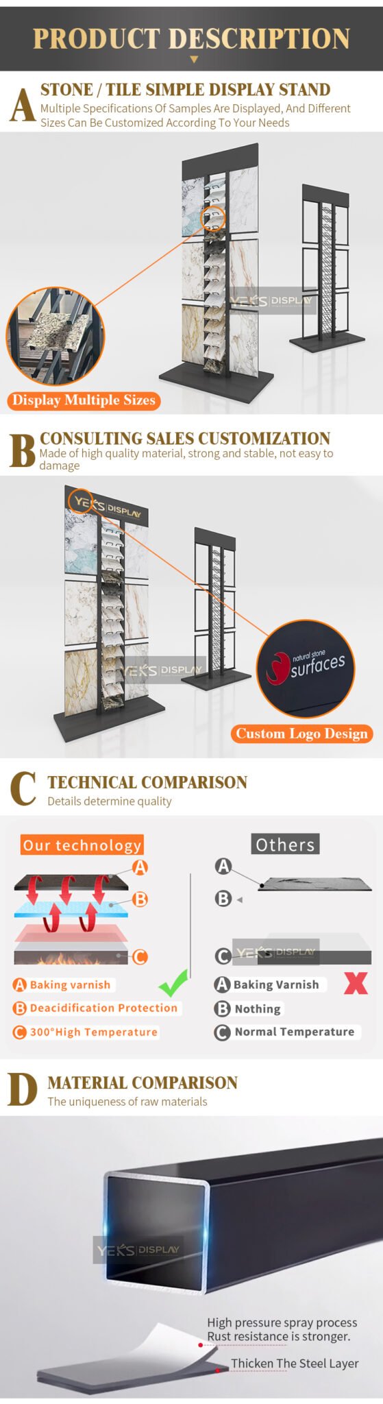 Vertical stone slab hanging wall display rack